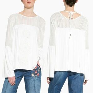 Desigual Neusifu White Lace Bell Sleeve Gold Mandala Top Size Large Boho.  16